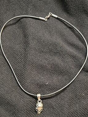 Black Leather Cord Necklace with Silver Skull Pendant